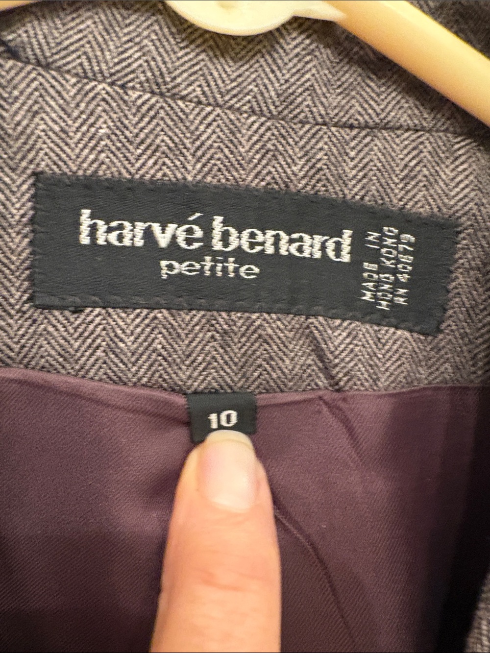 Harvé Benard Petite Herringbone Blazer in Gray with Plum Lining
